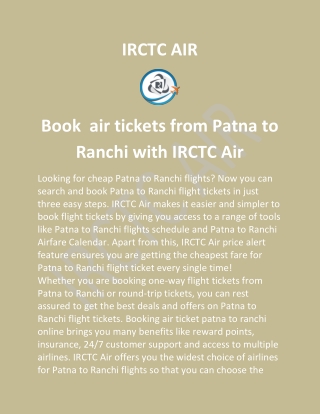 Book  air tickets from Patna to Ranchi with IRCTC Air