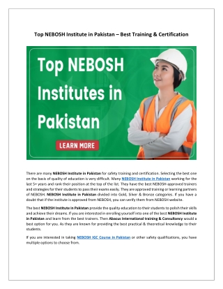 Top NEBOSH Institute in Pakistan – Best Training & Certification