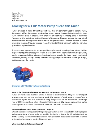 Looking for a 1 HP Motor Pump Read this Guide