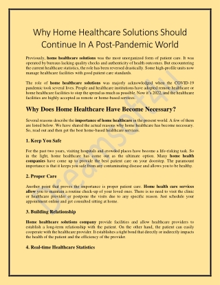 Why Home Healthcare Solutions Should Continue In A Post