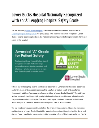 Lower Bucks Hospital Nationally Recognized with an ‘A’ Leapfrog Hospital Safety Grade