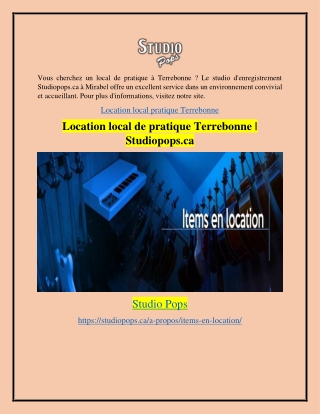 Location local de pratique Terrebonne Studiopops.ca