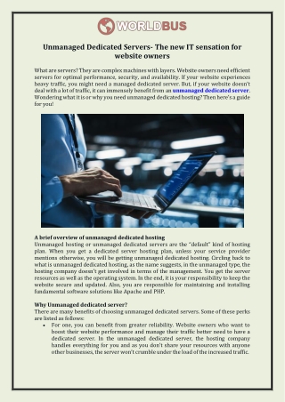 Unmanaged Dedicated Servers- The New It Sensation For Website Owners - WORLDBUS