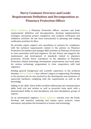 Harry Coumnas Oversees and Leads Requirements Definition and Decomposition as Planetary Protection Officer