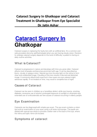 Cataract surgery In Ghatkopar and Cataract Treatment In Ghatkopar From Eye Specialist Dr. Jatin Ashar