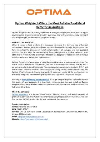 Optima Weightech Offers the Most Reliable Food Metal Detectors in Australia