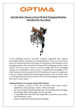 Seal the Deal Choose a Form -Fill-Seal Packaging Machine That Best Fits Your Need