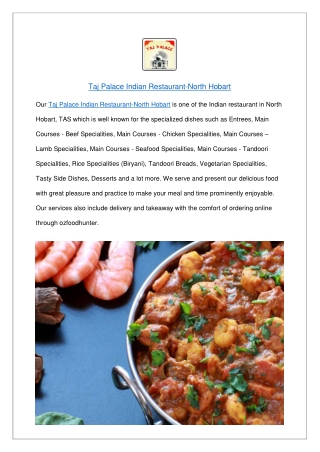15% off - Taj Palace Indian estaurant Menu North Hobart,TAS