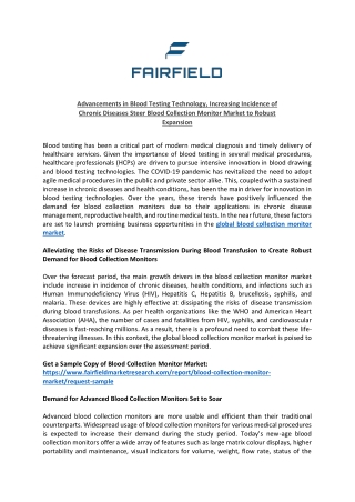 Blood Collection Monitor Market Future Trends, Demands, Opportunities and Forecast 2027