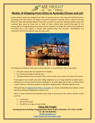 Modes of Shipping from China to Australia (Ocean and air)