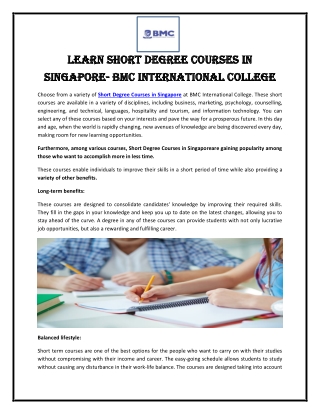 Learn Short Degree Courses in Singapore- BMC International College