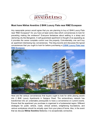 Must have Nikhar Aventino 2 BHK Luxury Flats near RMZ Ecospace