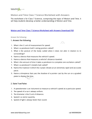 Motion and Time Class 7 Worksheet