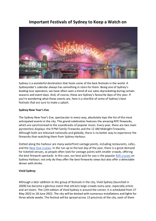 Important Festivals of Sydney to Keep a Watch on