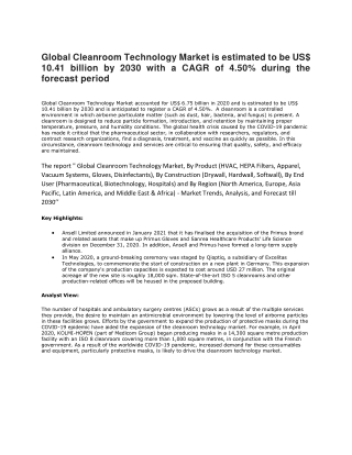 Global Cleanroom Technology Market is estimated to be US