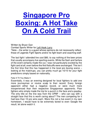 Singapore Pro Boxing (A Hot Take On A Cold Trail)