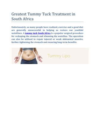 Greatest Tummy Tuck Treatment in South Africa