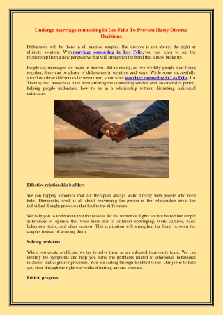 Undergo marriage counseling in Los Feliz To Prevent Hasty Divorce Decisions