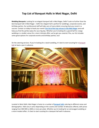 Banquet Halls in Moti Nagar