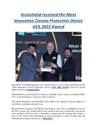 Instashield received the Most Innovative Corona Protection Device GEA 2022 Award