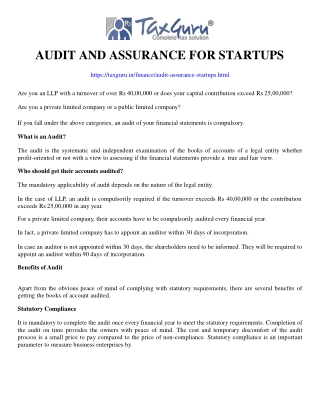 Audit and Assurance for Startups