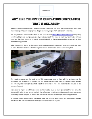 Why hire the Office Renovation Contractor that is reliable