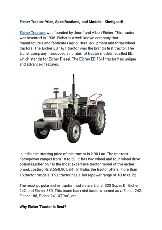 Eicher Tractor Price, Specifications, and Models - Khetigaadi
