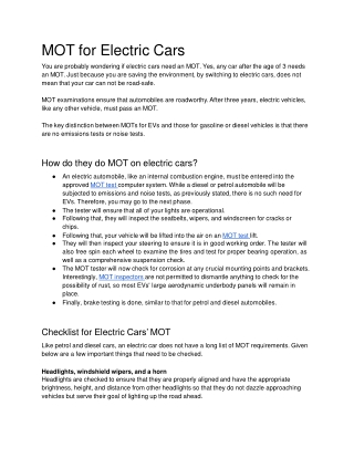 MOT for Electric cars