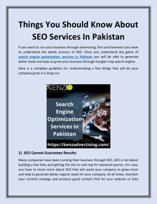 Things You Should Know About SEO Services In Pakistan