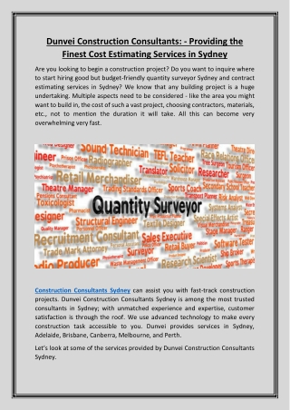 Dunvei Construction Consultants  Providing the Finest Cost Estimating Services in Sydney