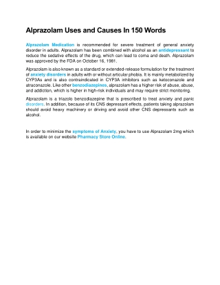 Alprazolam Uses and Causes In 150 Words