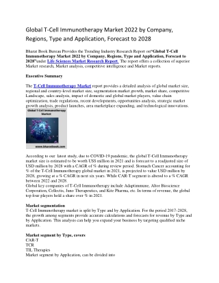 Global T-Cell Immunotherapy Market 2022 by Company, Regions, Type and Application, Forecast to 2028