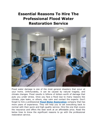 Essential Reasons To Hire The Professional Flood Water Restoration Service