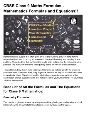 CBSE Class 9 Maths Formulas - Mathematics Formulas and Equations!!