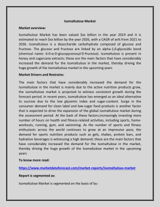 Isomaltulose Market Value and Growth Analysis-2022