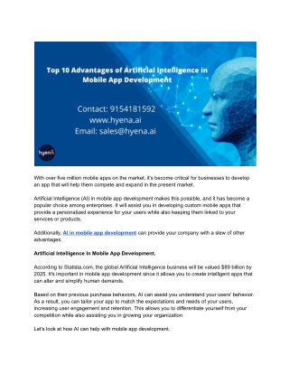 Top 10 Advantages of Artificial Intelligence in Mobile App Development