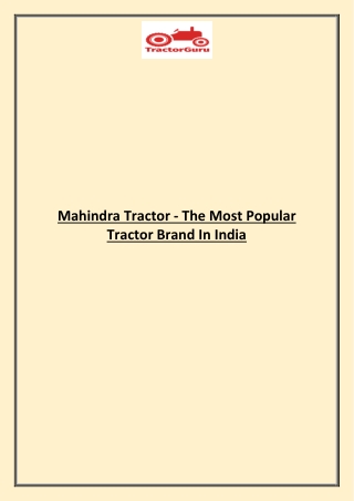 Mahindra Tractor - The Most Popular Tractor Brand In India