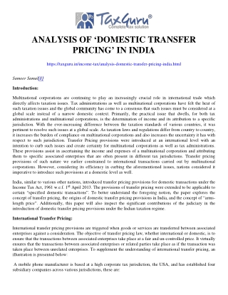 Analysis of ‘Domestic Transfer Pricing’ In India