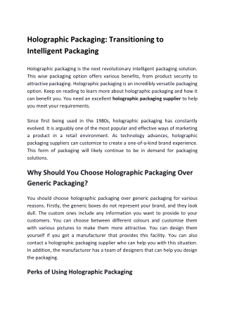 Holographic Packaging: Transitioning to Intelligent Packaging