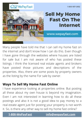 Sell My Home Fast On The Internet - 1-800-WePayFast