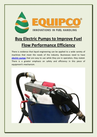 Buy Electric Pumps to Improve Fuel Flow Performance Efficiency