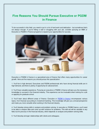 Five Reasons You Should Pursue Executive or PGDM in Finance