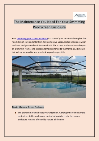 How To Maintain Your Swimming Pool Screen Enclosure?