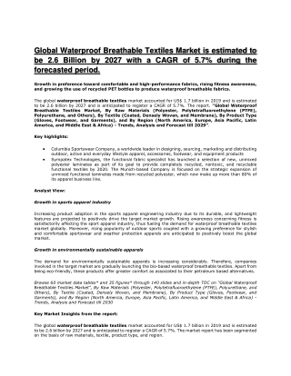 Global Waterproof Breathable Textiles Market is estimated to be 2