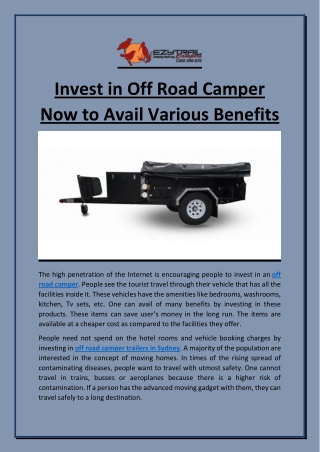 Invest in Off Road Camper Now to Avail Various Benefits