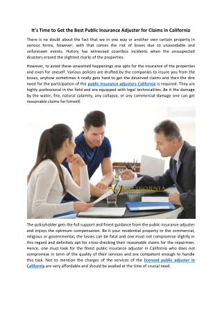 It’s Time to Get the Best Public Insurance Adjuster for Claims in California