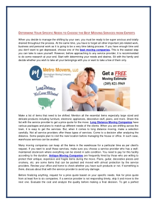 DETERMINE YOUR SPECIFIC NEEDS TO CHOOSE THE BEST MOVING SERVICES FROM EXPERTS