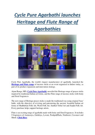 Cycle Pure Agarbathi launches Heritage and Flute Range of Agarbathies