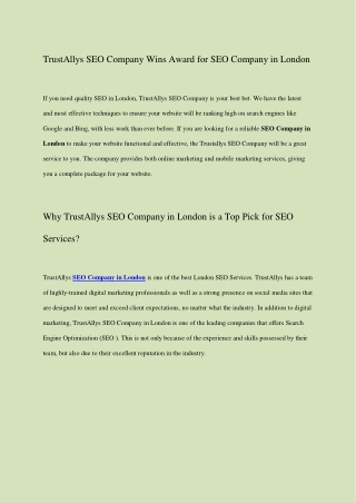 TrustAllys SEO Company Wins Award for SEO Company in London