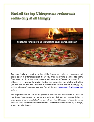 Find all the top Chicopee ma restaurants online only at all Hungry
